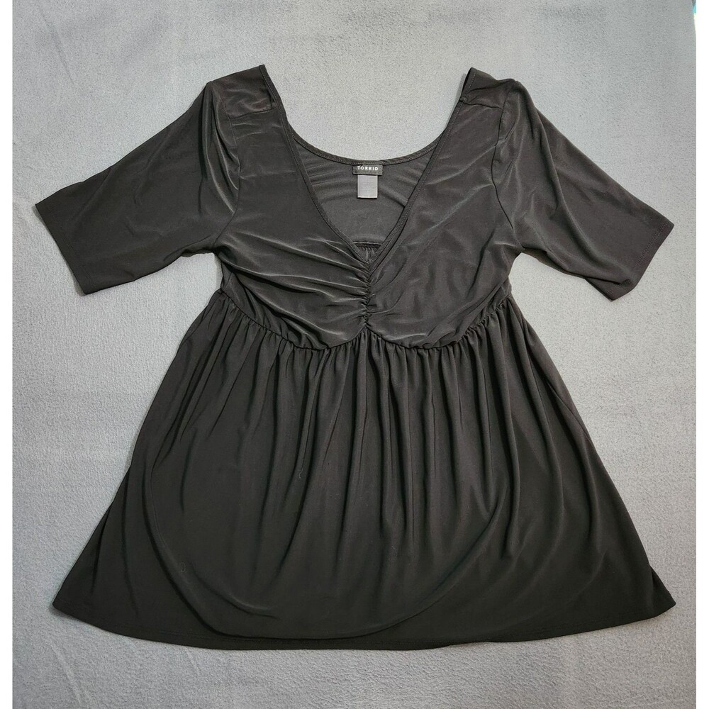 Torrid Women 1X Black BabyDoll Studio Knit 3/4 Sleeve VNeck Cinched Front Blouse